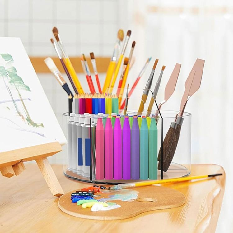 360 Degree Rotating Pen Holder 6 Compartment Clear Acrylics Pen Holder Desk Organizers Art Supply Organizers Storage Box