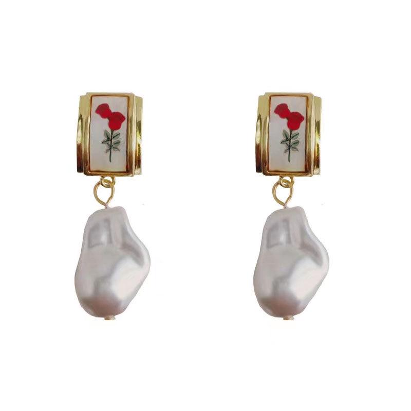 Vintage Baroque Red Rose & Pearl Stud Earrings - Hong Kong Style