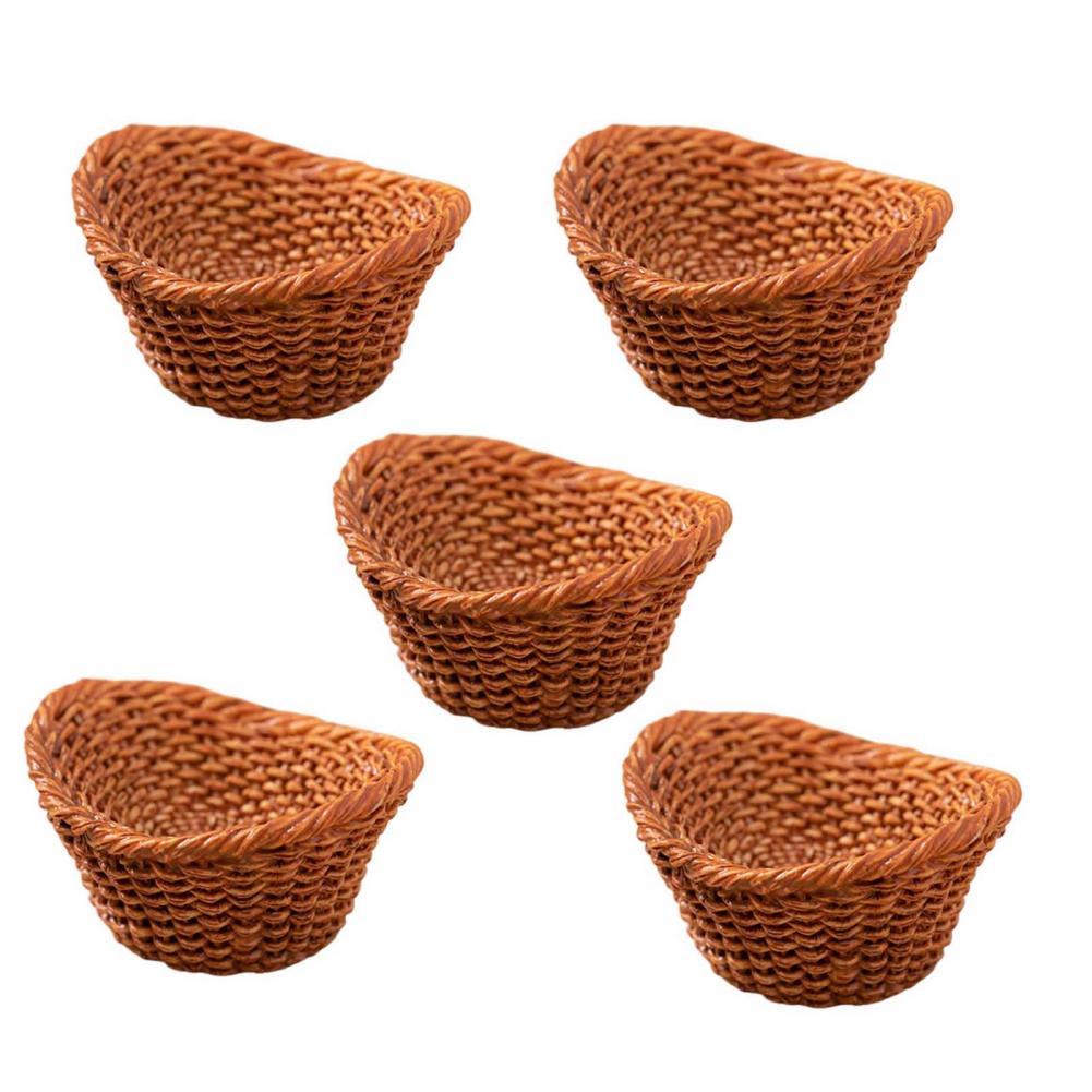 Miniature Decorative Basket Resin Mini Basket 5 Pcs Fairy Garden Micro Mini Resin Rattan Baskets Dollhouse Woven Basket Decor