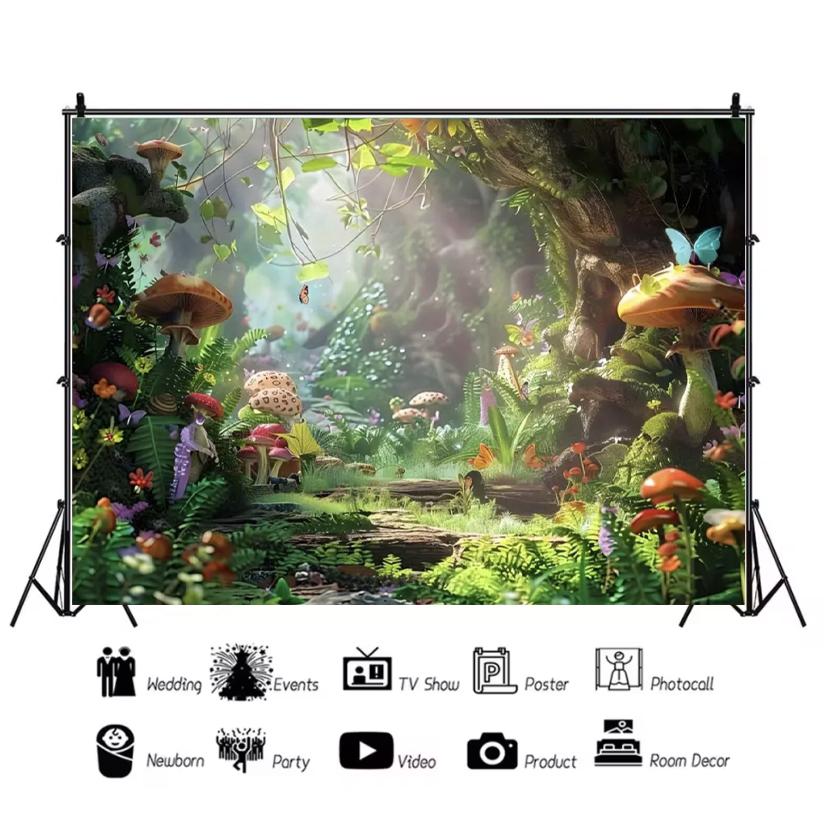Dreamy fairy tale forest wonderland theme birthday party decorations mushroom house family background banner stud2135