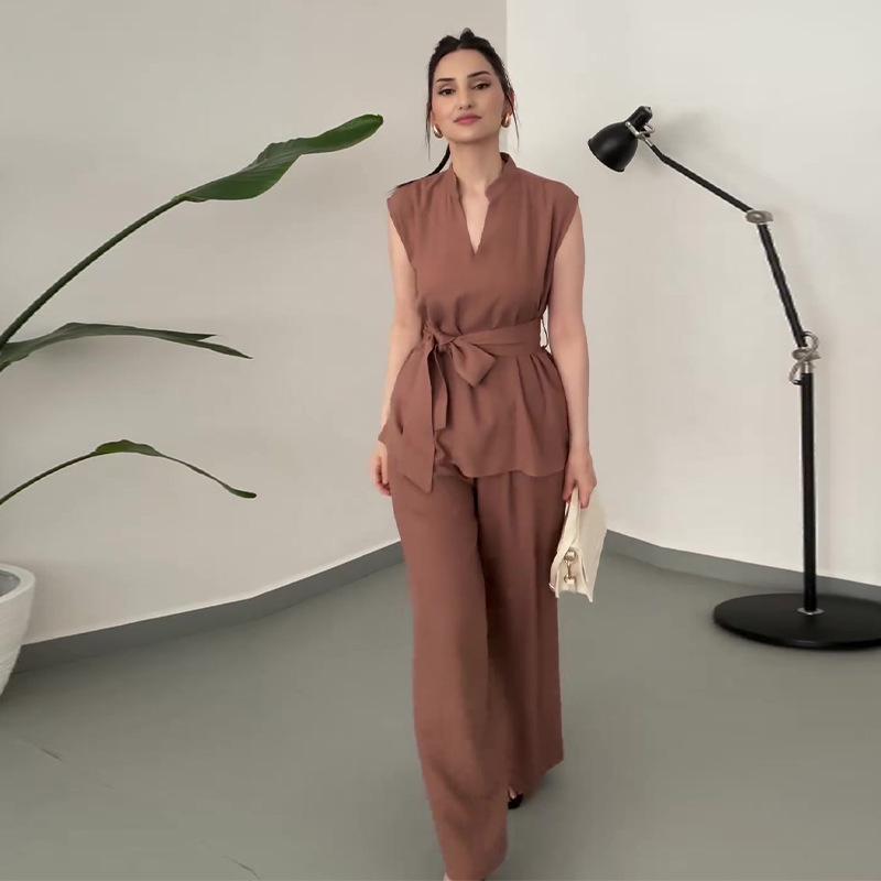2024 Sommer Damen Einfarbig Ärmellose Weste & Weitbeinige Hose Set