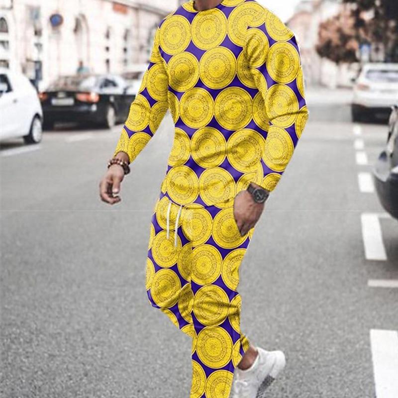 Men's 3D Abstract Geometric Print T-shirt 2-Piece Outdoor Long Sleeve Sports T Shirt Pants Set Streetwear Men's Clothing Outfits