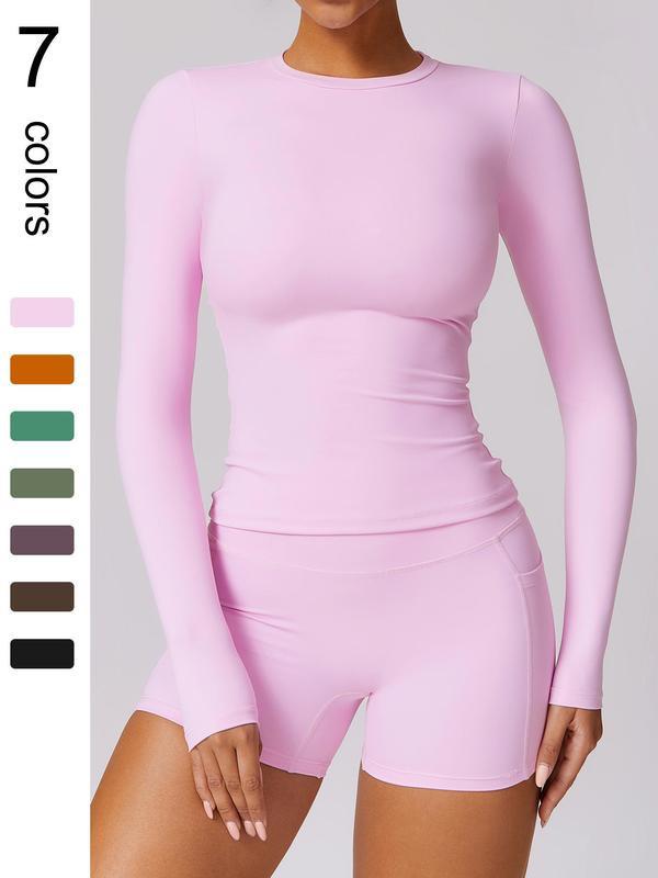 Women's Elastic Long Sleeve Shorts Yoga Suit for Spring/Summer - Tight Fit for Pilates, Running, Fitness