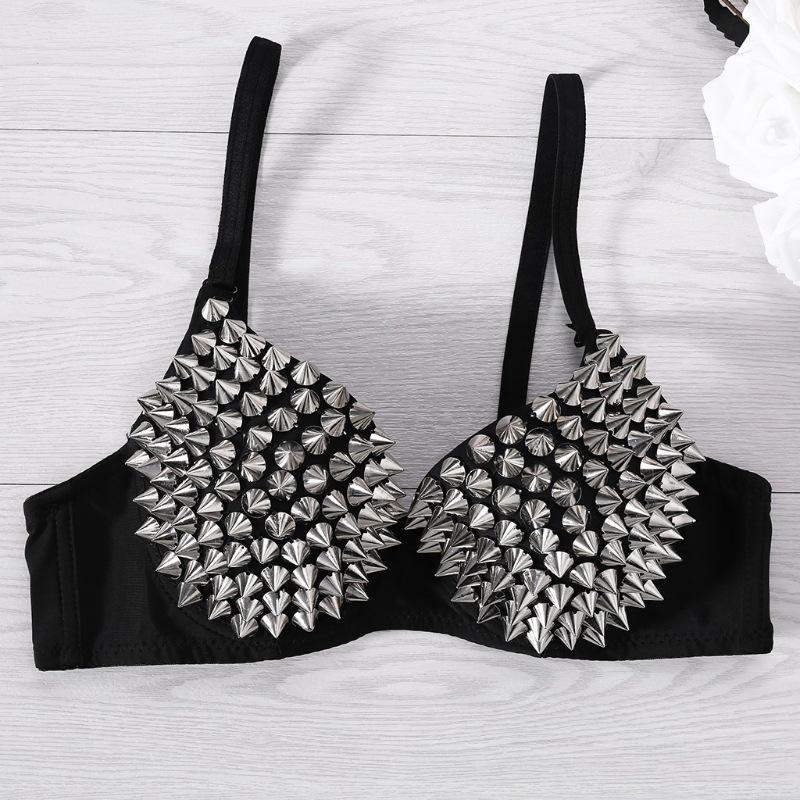 Sexy Steampunk Lingerie Bra for Women – Spike Studs Wireless Bra Top, Fashion Party Club Wear, Sparkling Rhinestone Design