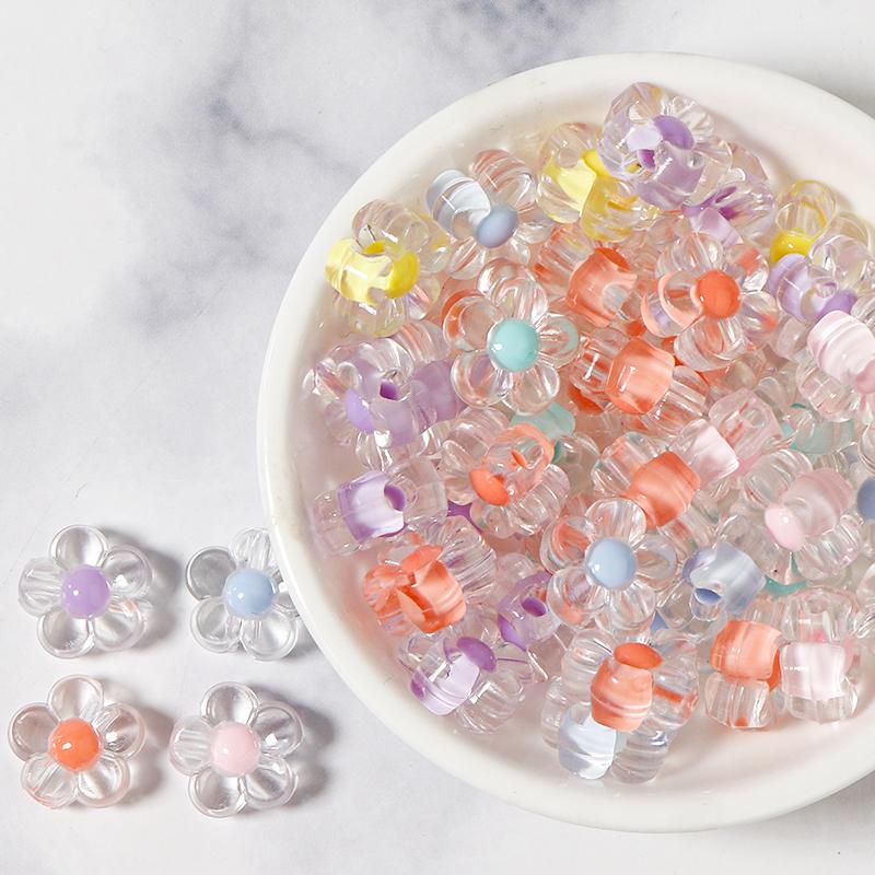 100Pcs Acrylic Colorful Flower Beads Transparent Mix Color Loose Beads Charms for DIY Bracelet Necklace Jewelry Making Findings