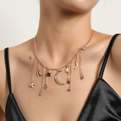 Shiman Diamond Crescent Crescent Pentagram Pendant Necklace, Rhinestone Tassel Short Sweater Necklace