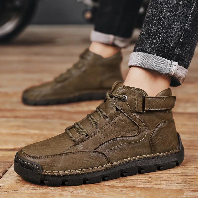 Fashion Men's Hand-stitched Boots Plus-size Casual Shoes Comfortable Soft Ankle Boots Outdoor Non-slip Wear Boots 2025