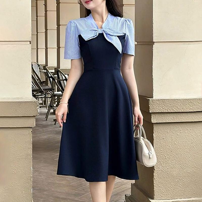 ZANZEA Damen Schleifen V-Ausschnitt Kurzarm Lässiges Patchwork-Kleid