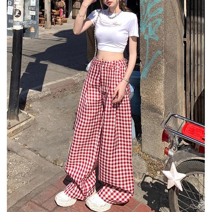 Spring Retro Wide-Leg High-Waist Plaid Pants - Women s Casual Red Floor-Length Style Small