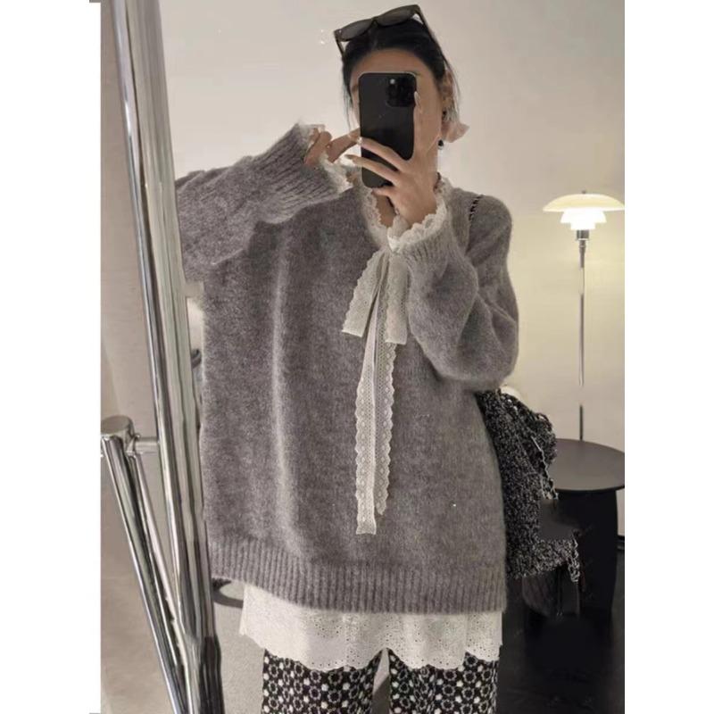 Soft waxy gentle wind lace splicing lace-up knitted sweater women's fashion solid color loose pullover sweater