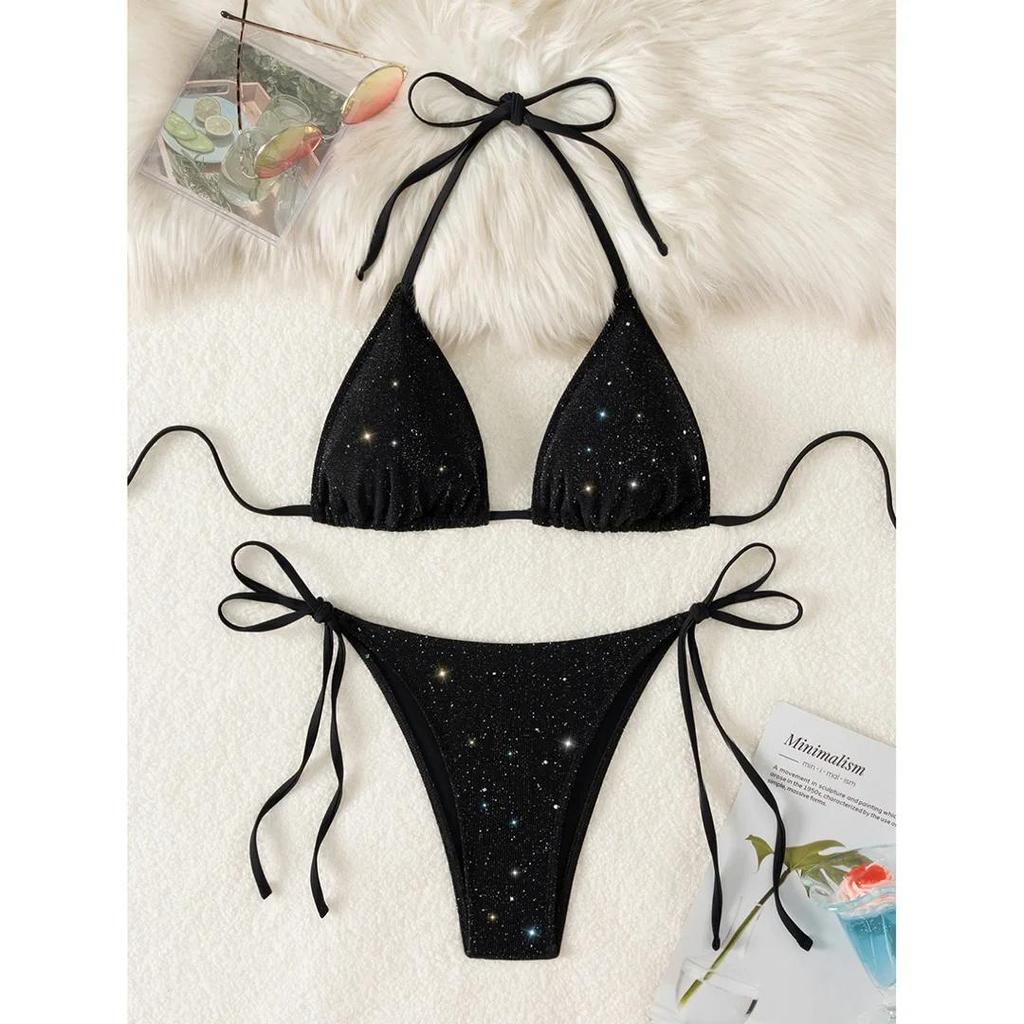 Glitter Sparkling Halter High Leg Cut Bikini Female Swimsuit Women Swimwear Two-pieces Bikini Set Bather Bathing Suit Swim