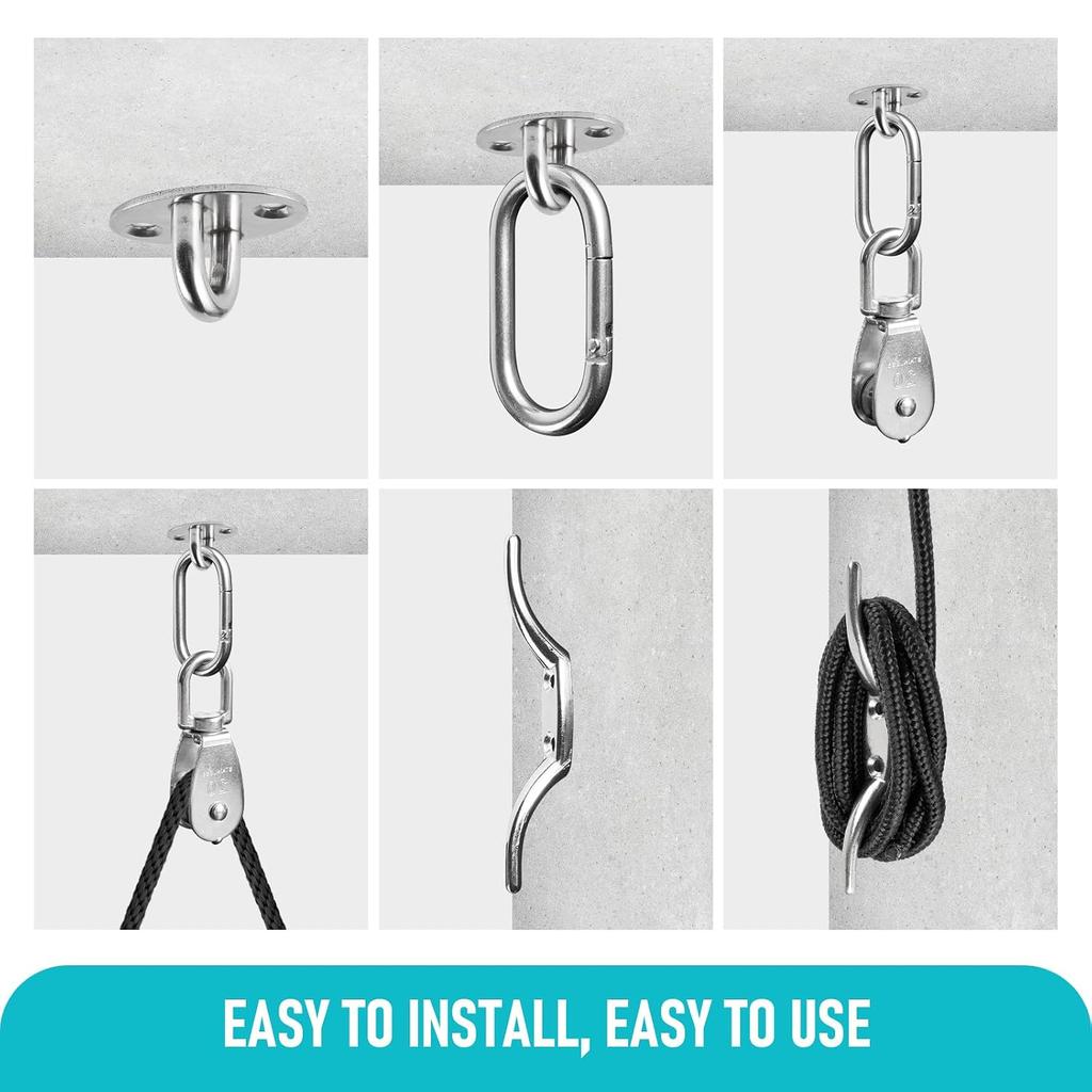 Stainless Steel Washing Line Pulley System Heavy Duty Pulley Wheel Set with Nylon Rope, Cleat Hooks, 360° Swivel Pulley Block for Indoor Outdoor