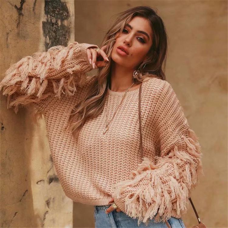Autumn Tassel Decor Long Sleeve Loose Knit Sweater - European & American Fashion Style for Women
