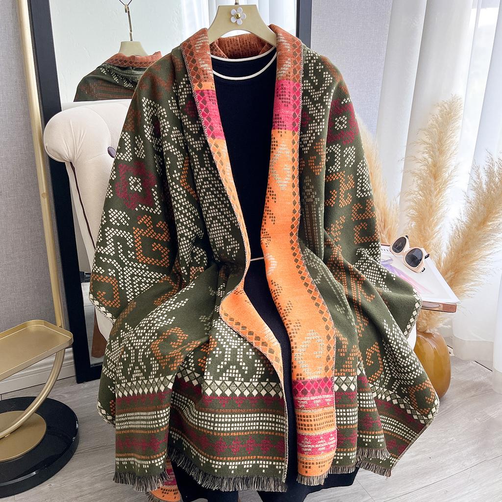 Women Ethnic Bohemia Two Sided Print Imitation Cashmere Scarf Soft Warm Pashmina Shawl Autumn Winter Coldproof Windproof Blanket