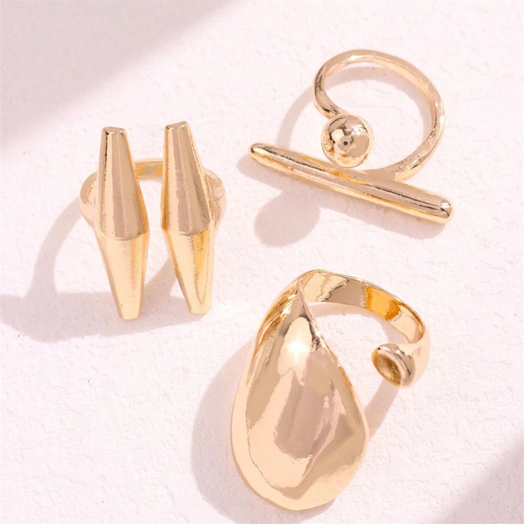 Bold Geometric Curved Faceted Open Knuckle Ring Set for Women Stackable Chunky Articulated Finger Jewelry Gold Tone
