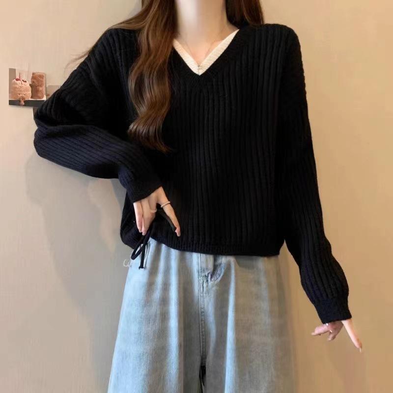 

Autumn and winter V-neck fashion contrasting color drawstring knitted sweater women s new lazy style versatile sweater jacket women one size fits all