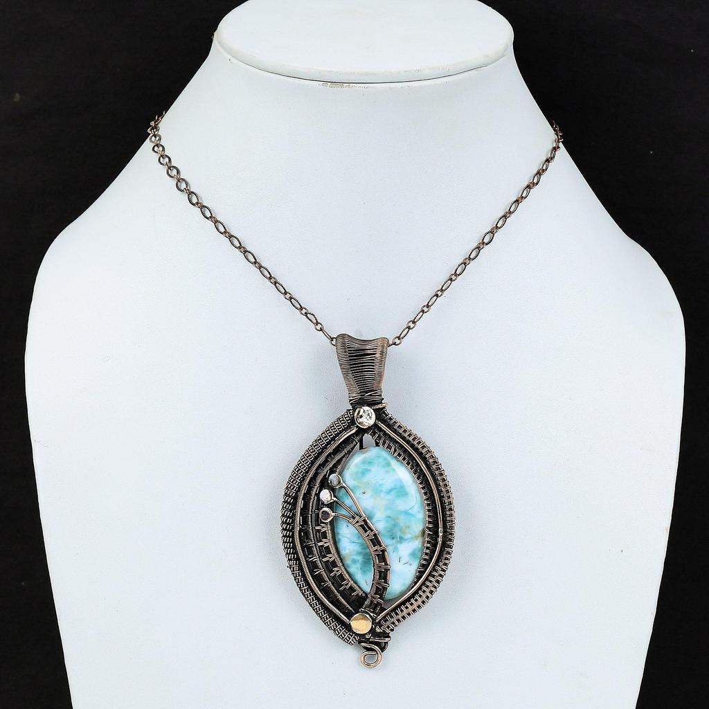 Larimar Pendant Copper Wire Wrapped Pendant Unique Style Pendant Handmade Genuine Gemstone Pendant Copper Wire Wrap Jewelry Anniversary Gift