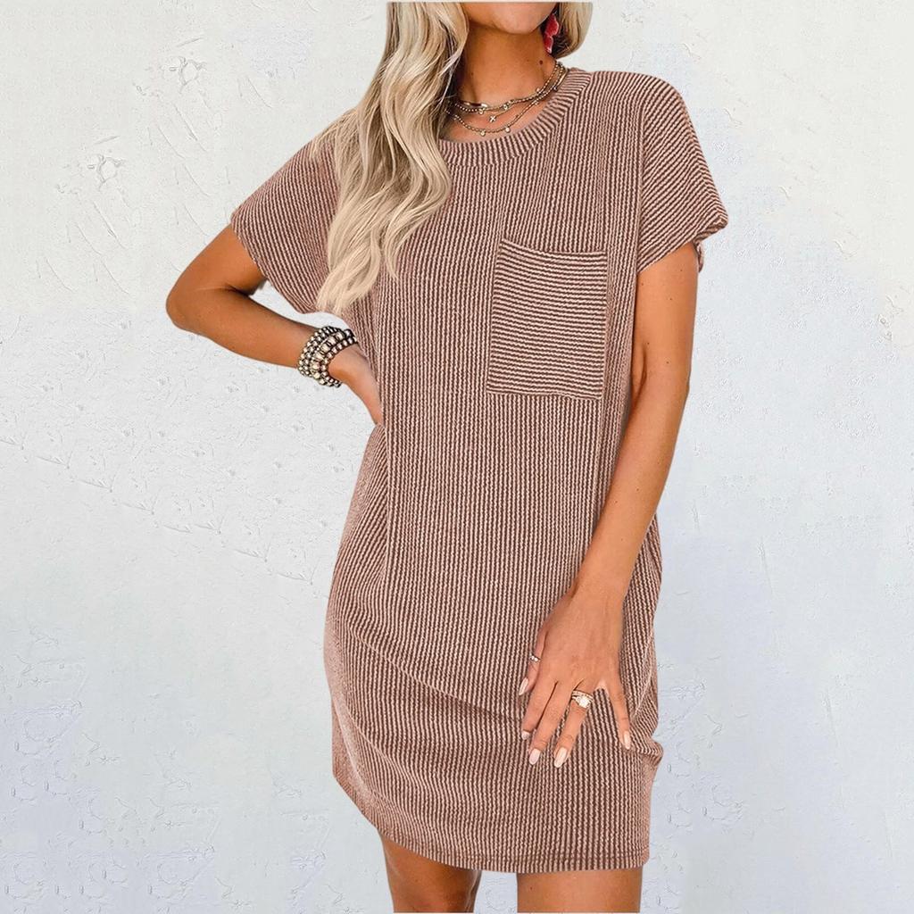 Damen Lässiges Modekontrastfarbenes verdrehtes Streifen-Kurzarmtaschenkleid