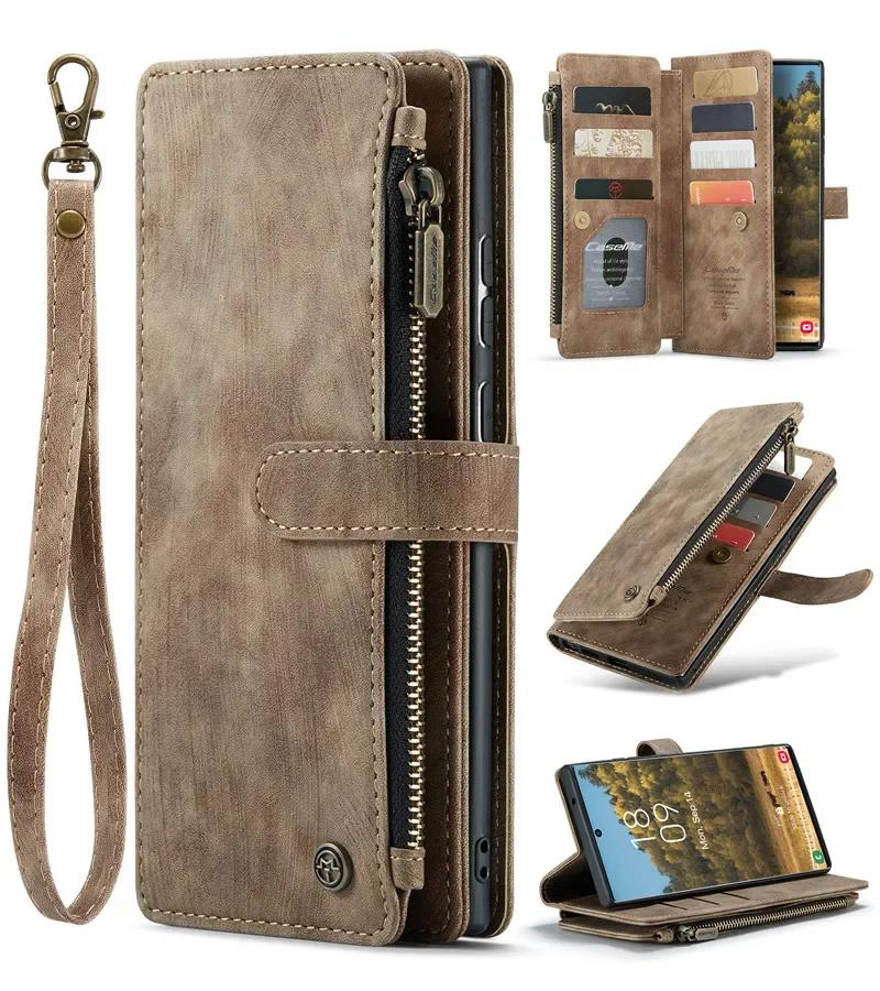Leather Wallet Card Phone Case For Samsung Galaxy S26 Plus S25 Ultra S24 FE S23 S22 S21 S20 Zipper Purse Flip Stand Cover Coque