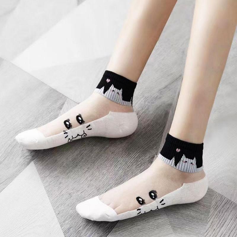 5 Pairs Women Sexy Socks Cute Cat Lace Socks Nylon Anime Y2k Socks For Girls Black Breathable Women Socks Sets