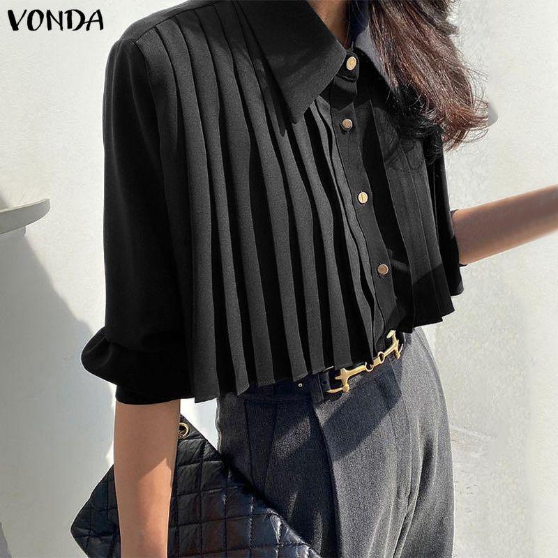 VONDA Damen Lässig Umlegekragen Elegant Gerüscht Plissee Langarm Bluse