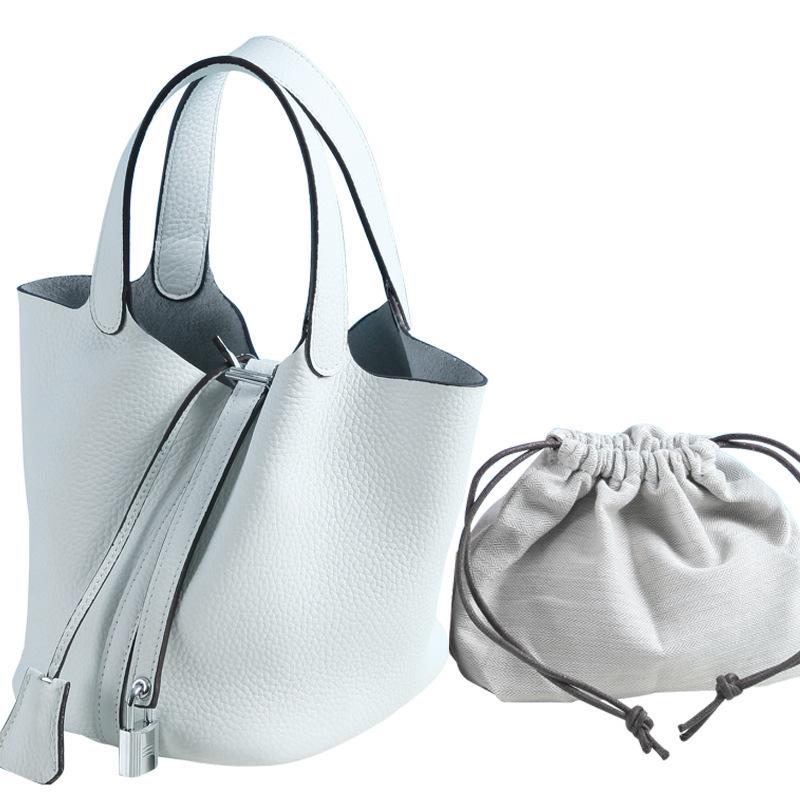 Leichter Luxus Echte Rindsleder Korb-Stil Eimer Tasche Neu für Damen Silberfarbener Schlossverschluss Oberer Griff Handtasche, KEIN LOGO