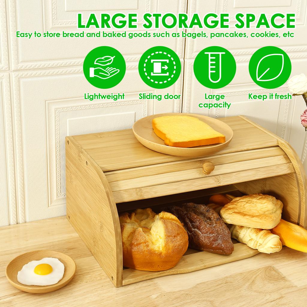 Bamboo Bread Storage Box Large Capacity Kitchen Countertop Bread Container with Roll Top Lid Bagels Storage Bin for Cookies