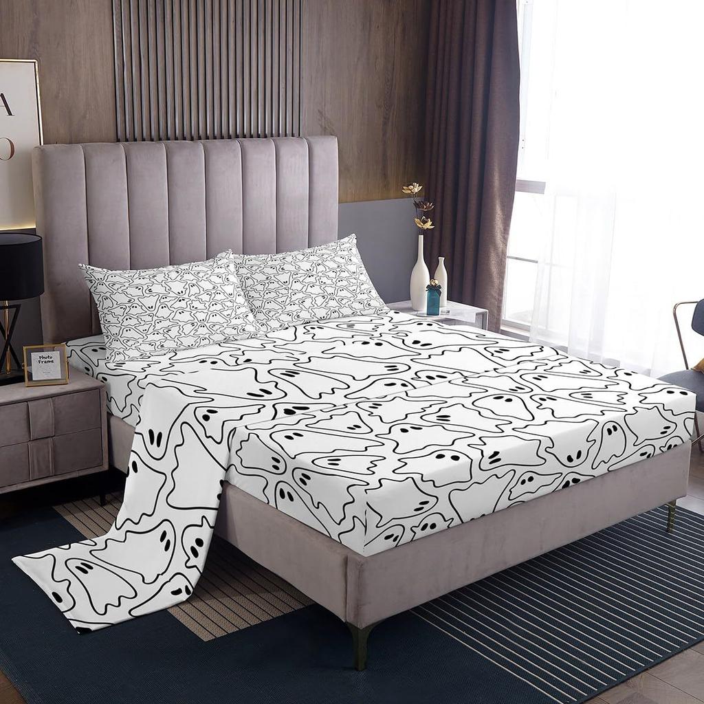 Halloween Cartoon Ghost Pattern Bed Hat Four-Piece Bedding Set Bedroom Dormitory Bedding Decoration