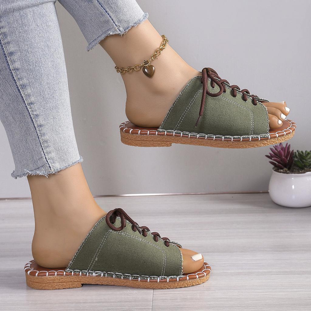 Large Size Women's Slippers, Summer Lace-up Fish Mouth Slippers, Flat Casual Sandals For Outer Wear