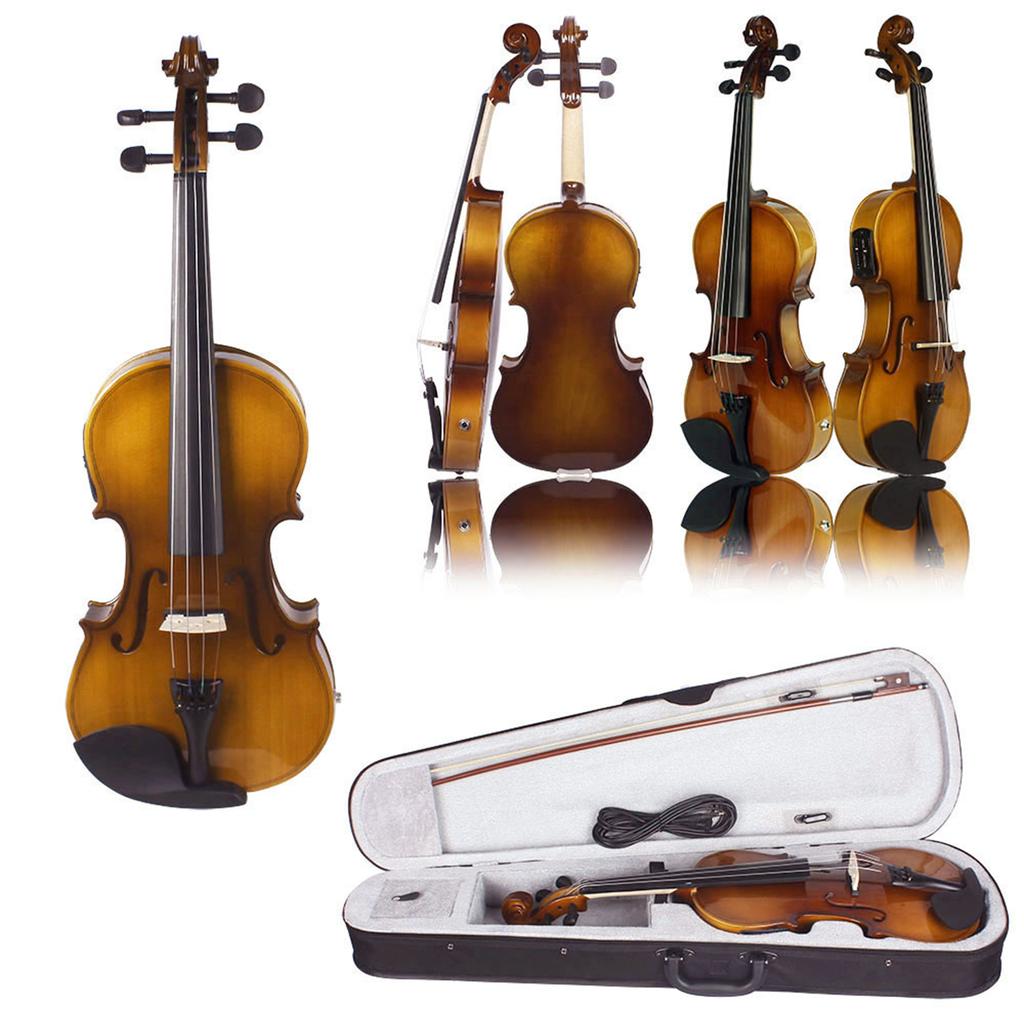 4 4 Full Size Acoustic EQ Electric Violin Fiddle Kit Solid Wood Spruce Face Board with Bow Hard Case Shoulder Rest