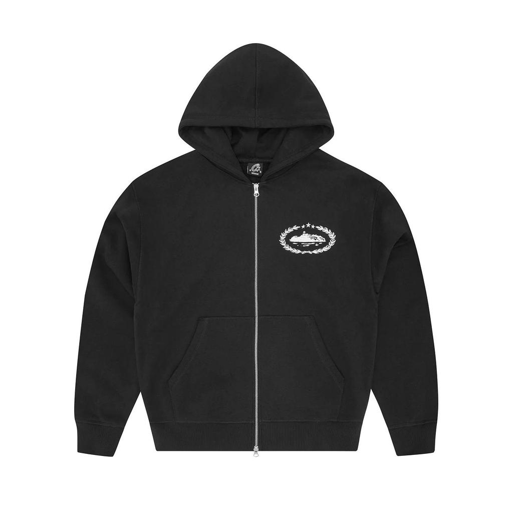 Drill Amerikansk Grå Hip Hop-tryck Huvtröja med Dragkedja och Sammetsfoder - Trendiga Ytterkläder för Herr