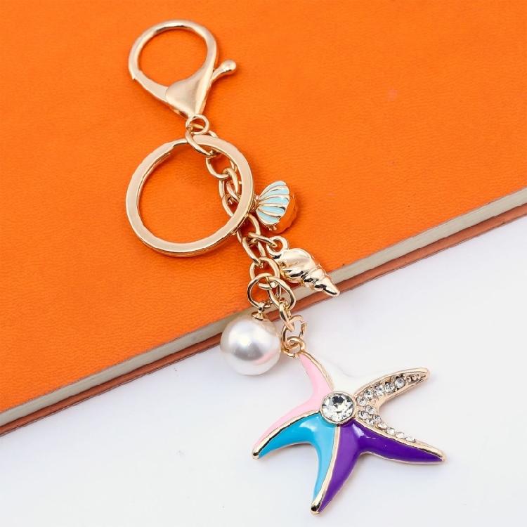 Sparkling Starfish Key Ring Zinc Metal Craftsmanship with Seashells Charm Keychain Pendant Beach Vacation Accessory