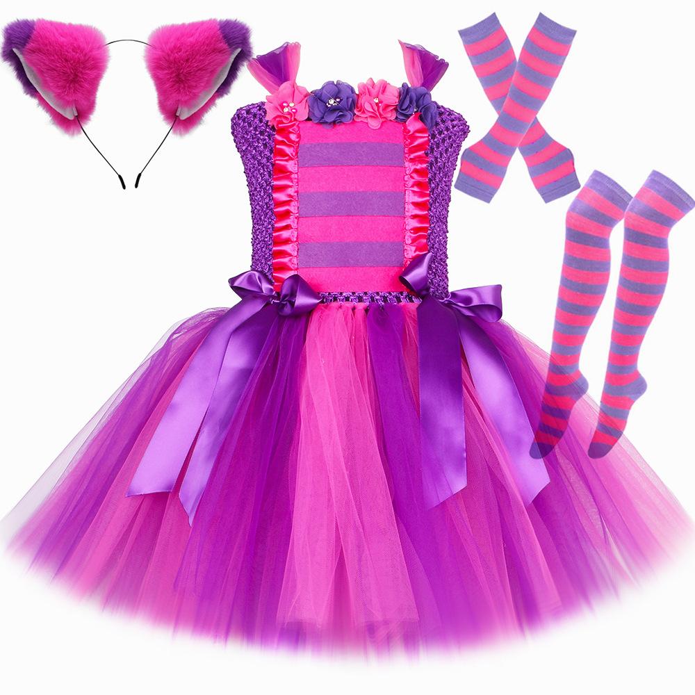 Kids Cheshire Cat Tulle Puff Dress, Alice in Wonderland Cute Cat Princess Cosplay Outfit