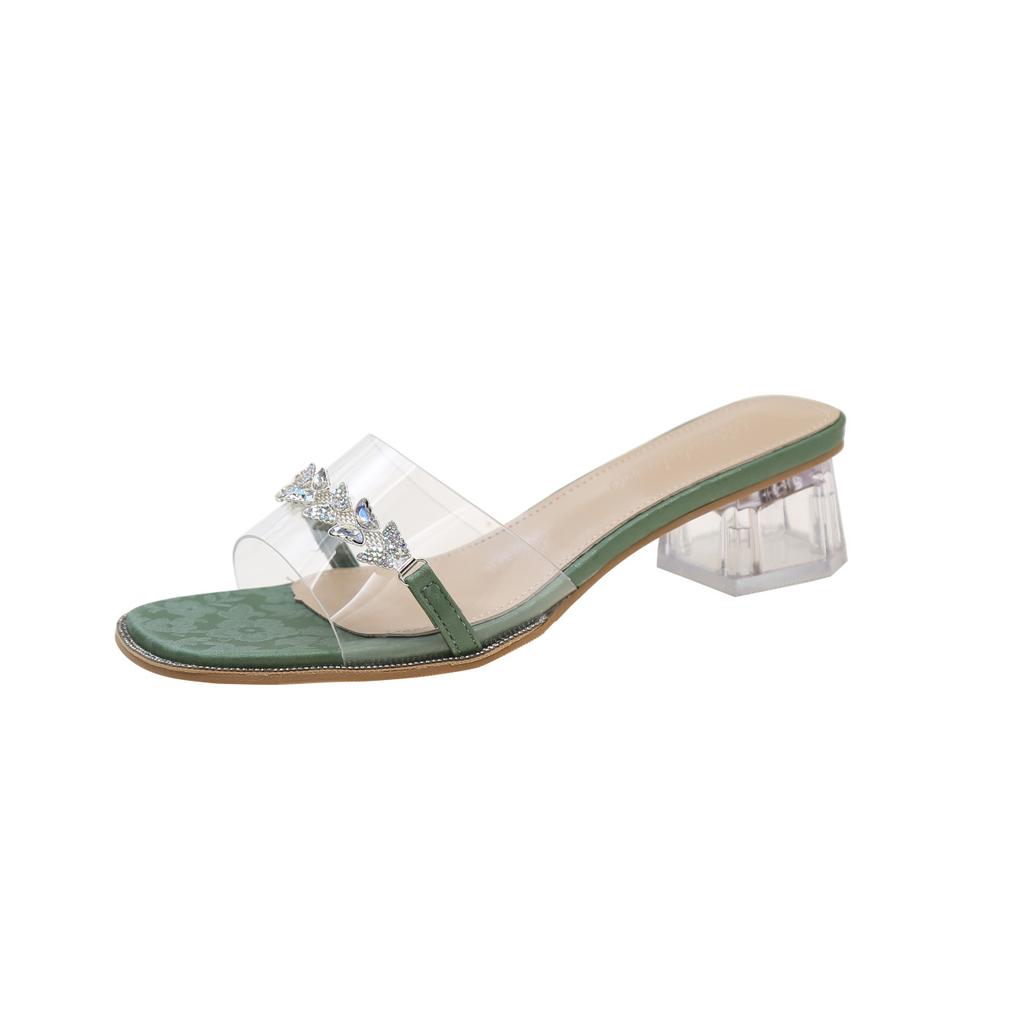 Transparent Slippers Women's Summer New Rhinestone Thick Heel One-word Crystal Medium Heel Cool Slippers
