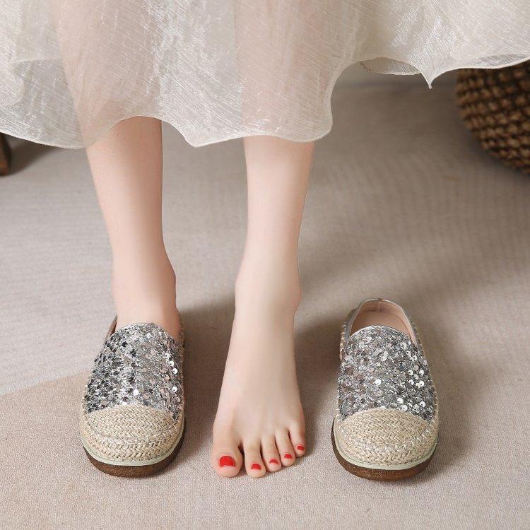 Sequin Woven Half Slippers Women's Summer Wear 2025 Comfortable Straw Fisherman Shoes Platform Lazy One Pedal Muller Shoes