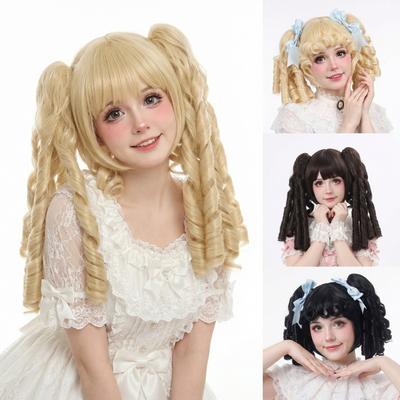 REEWES Pigtails Roll Wig With Bang Black Synthetic Hair For Cute Doll Chic Teen Girls Cosplay Princess Halloween Cos