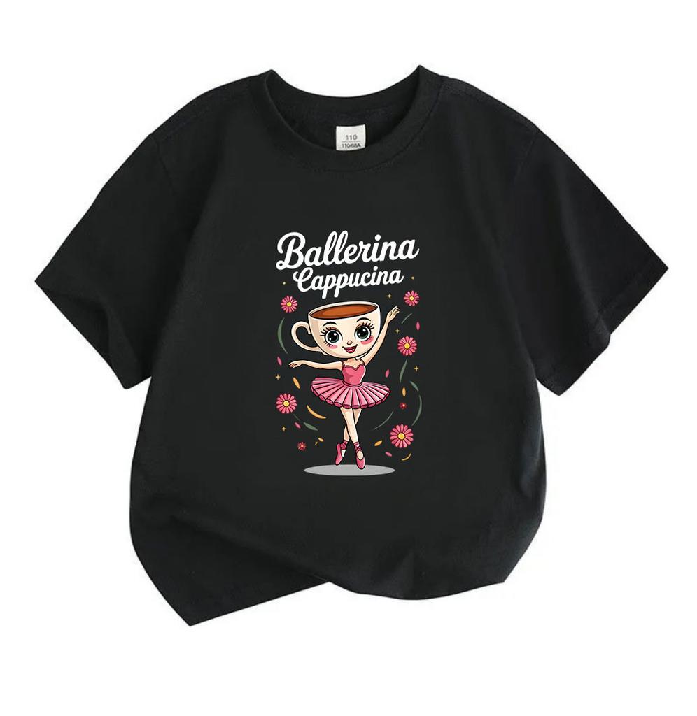 Kids Unisex 100% Cotton Crew Neck Short Sleeve T-Shirt, Cute Ballerina Cappuccina Coffee Cup Ballet Dancer Print Casual Soft Tee for Boys Girls