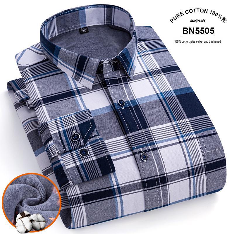 Men's Long Sleeve Cotton Plaid Shirt with Velvet Lining