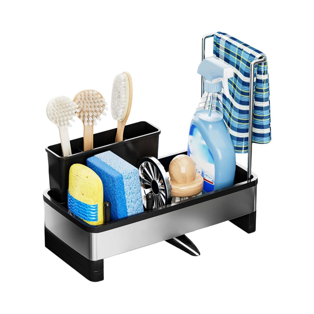 Stainless Steel Sponge Holder Kitchen Sink Organizer Multifunctional Towel Rack Detachable Hanging Rod Adjustable
