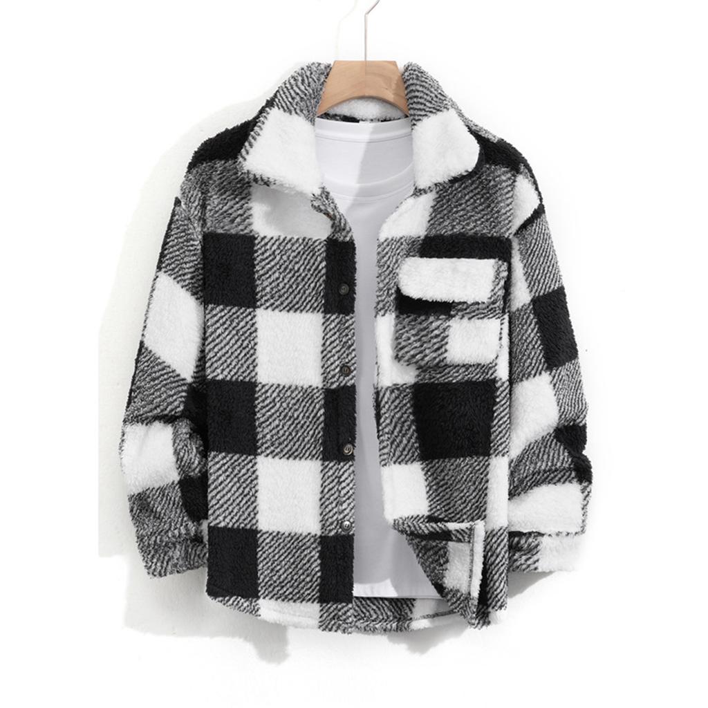 Flannel Shirt Jacket Men Plaid Button Down Teddy Winter Coats Lapel Oversized Warm Fuzzy Fleece Outwear With Pockets