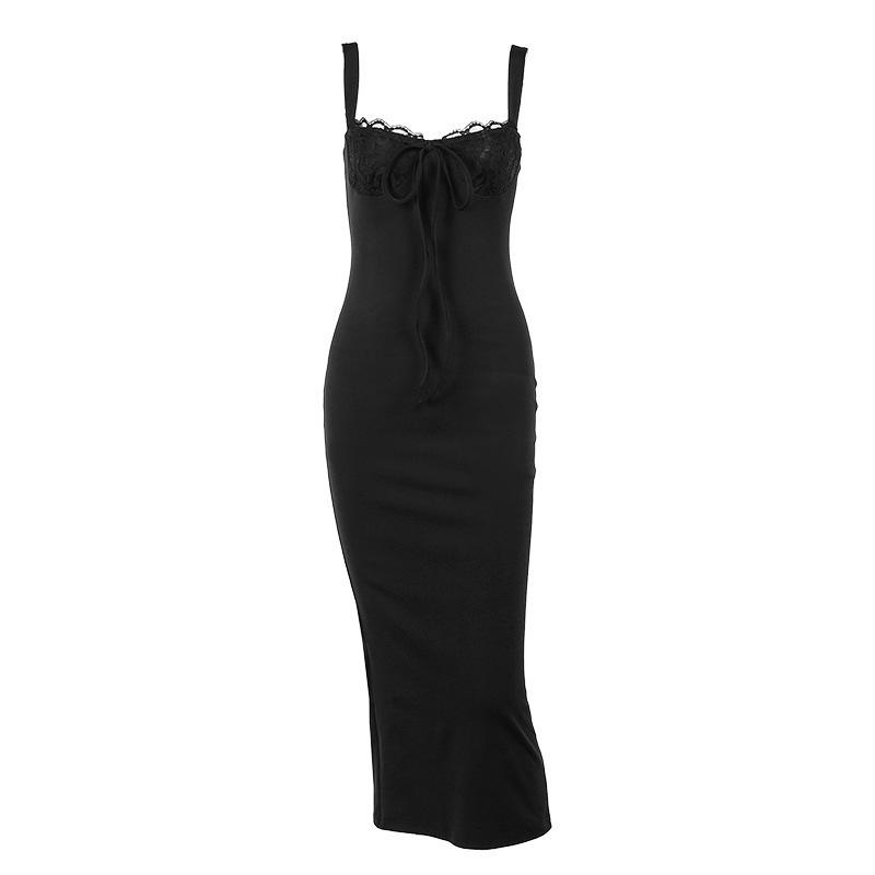 Knitted Suspender Lace Splicing Slim Dress European and American Temperament Sexy Chest Length