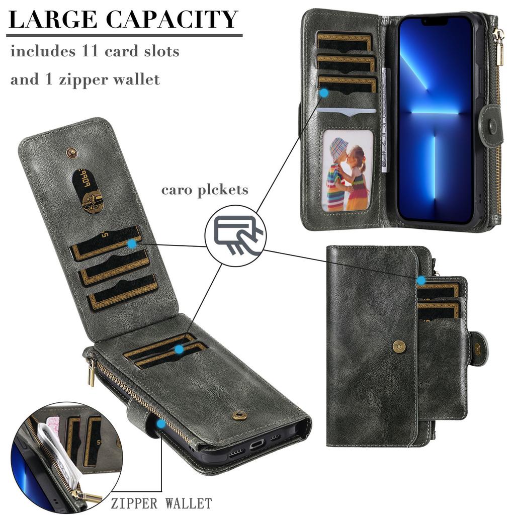 2 v 1 Odnímateľné magnetické puzdro-peňaženka pre iPhone 15 14 13 12 11 Pro Max Peňaženka s držiakom na karty, zipsom, vreckom na drobnosti Preklopný kryt