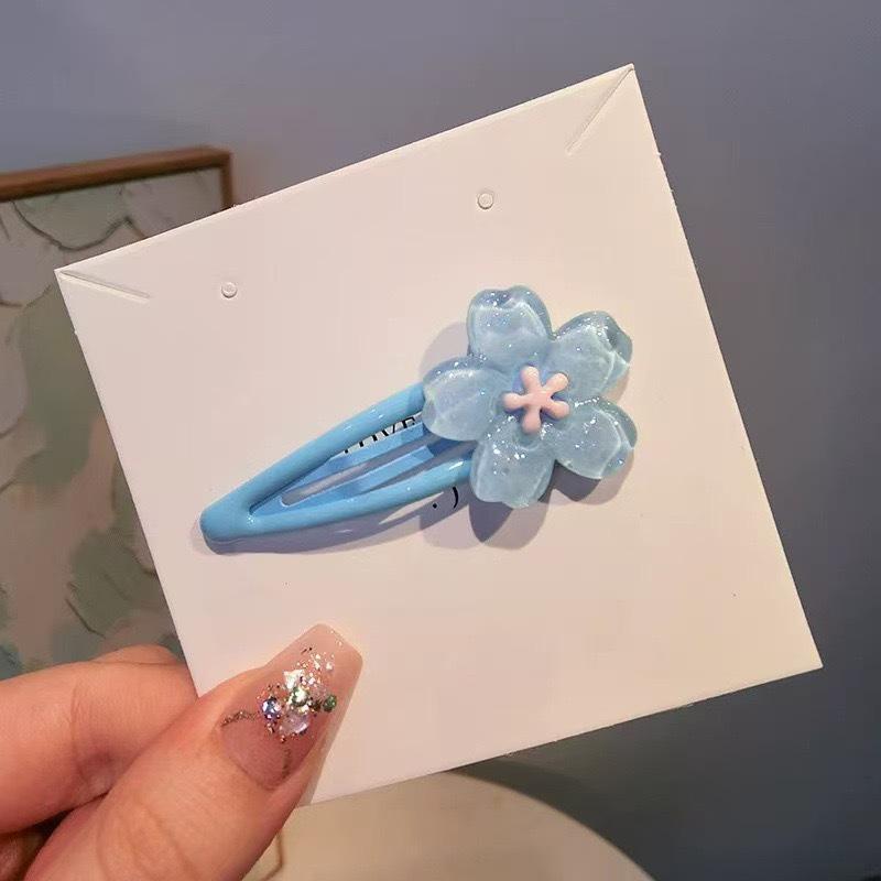 Cherry Blossom Hair Clip: Blue Pink Lace, Cute Flyaway Bangs & Duckbill Style