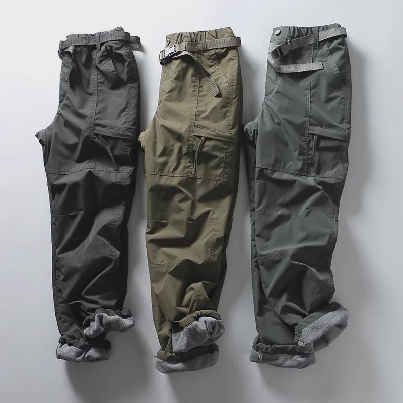 Men's Quick-Dry Multi-Pocket Loose Straight Overalls Plus Velvet Autumn/Winter Combat Pants