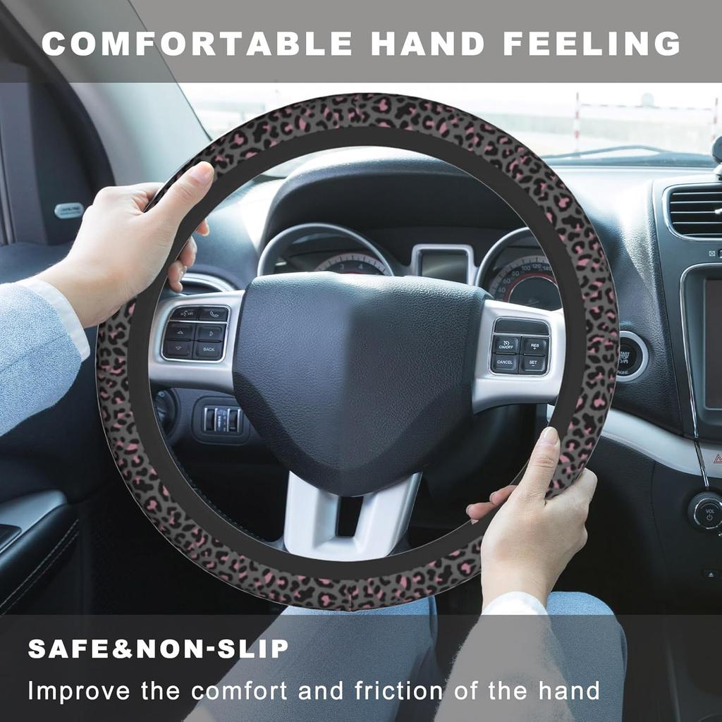 Pink Black Leopard Cheetah Print Steering Wheel Cover, Cute Anti-Slip Breathable Car Accessories Interior Elastic Steering Wheel Cover for Women Fit
