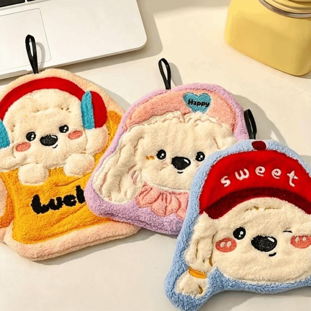 Coral Fleece Hanging Hand Towel Absorbent Cartoon Hand Towel New Puppy Hand Towel Bathroom Use