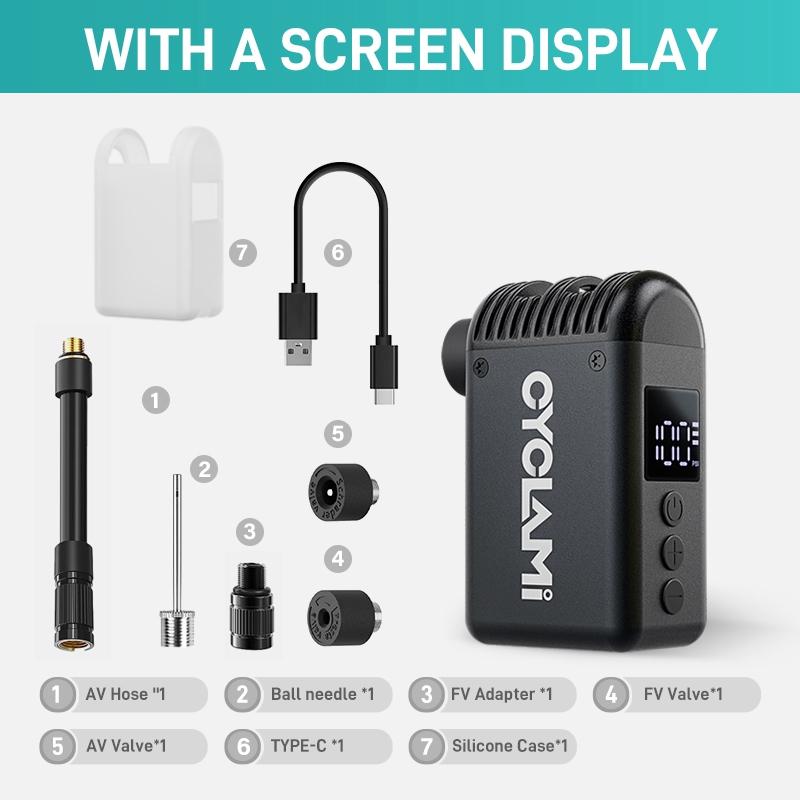 CYCLAMI Mini Portable Pocket Bike Electric Air Pump Schrader Presta Valve Road MINI Fast Rechargeable Compressor Tire Inflator A2 MINI with Screen