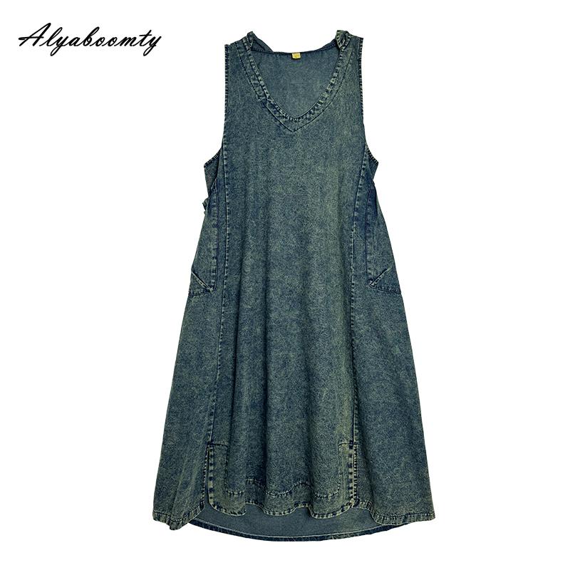 2026 Plus Size Spring Summer Women Tank Midi Dress Hooded V Neck Casual Loose Baggy Vintage Dress Sleeveless Denim Split Dress With Pocket