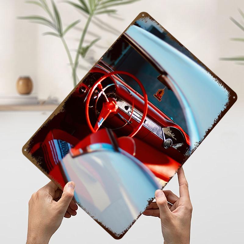 Classic Interior Red and White Car Poster Customized Vintage Metal Signs Wall Art Retro Tin Plaque for Fans Coffee Bar Man Cave