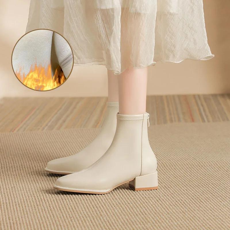 Fashion 2025 Autumn Winter Women Soft Leather Plus Velvet Heel Ankle Boots Fashion Square Toe Zipper Ladies Short Boots Botas De Mujer